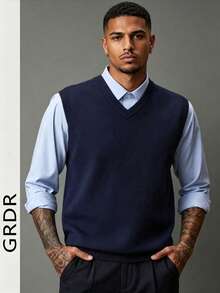 GRDR Men's Solid Color V-Neck Casual Versatile Knitted Vest - Navy Blue - View 3