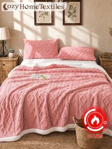 1pc Pink Taffeta Trim Plush Blanket, Solid Color Ultra Soft Lightweight Warm Blanket, Easy Care, Home Essential, Home Textile, Multiple Colors And Sizes Available, Sofa Multi-Purpose Blanket, Autumn Home Decor - Pink - View 3