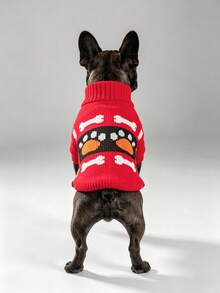 1pc Cute Paw Print & Bone Pet Cat Dog Fleece Sweater Winter Pet Clothing - Red - View 2