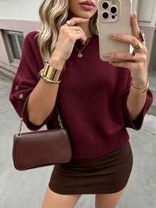 Women's Casual Autumn/Winter Solid Beige Round Neck Batwing Sleeve Knit Top, Button Design Pullover Sweater, Suitable For Daily Office Commute - Burgundy - View 9