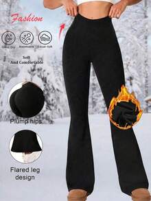 Women's Warm Lined Black Flare Leggings, Tummy Control High Elastic Long Flare Pants - Black - View 3
