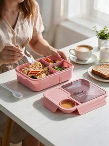1pc Microwaveable Compartment Lunch Box With Utensils, Unisex, Suitable For Students, Includes Utensil Set, Bento Box, Microwaveable, Leak-Proof, Food Container (Pink), Kitchen Supplies, Christmas Gift - Multicolor - View 5