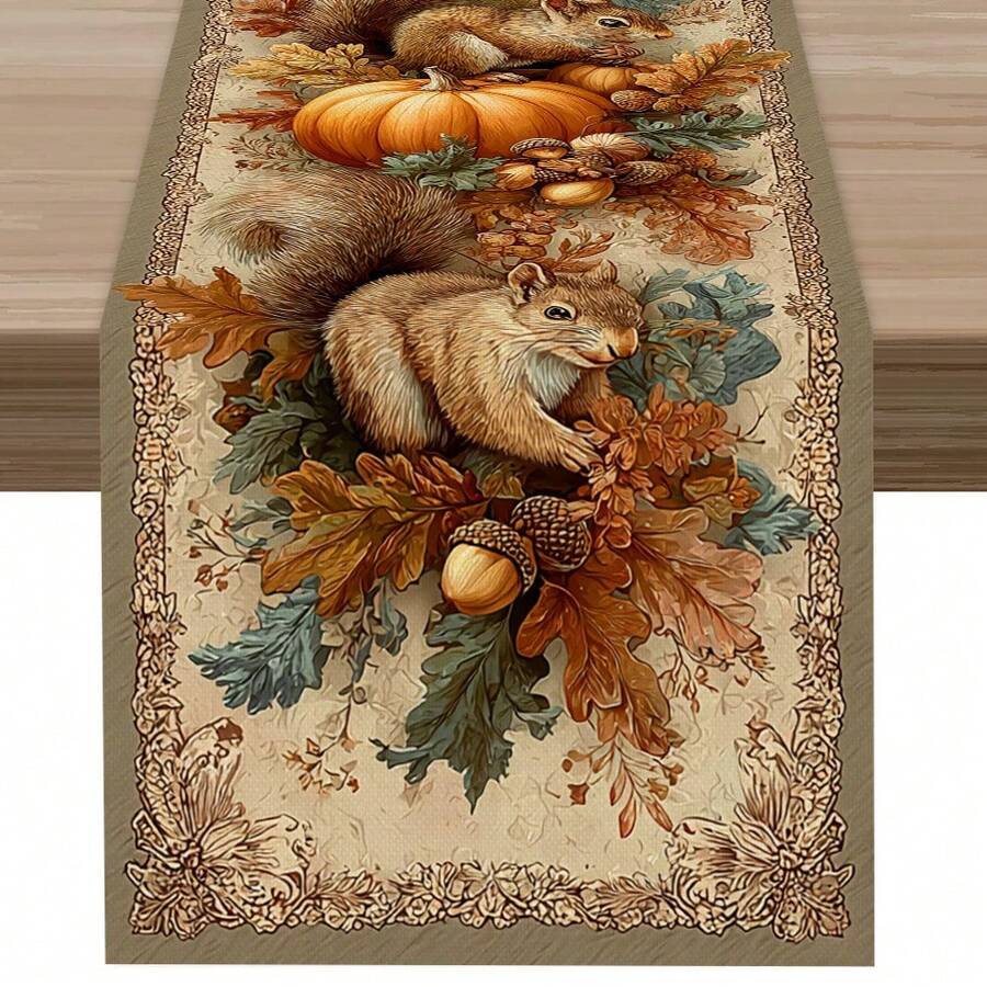 1pc Vintage Autumn Squirrel & Maple Leaf Print Table Runner, Retro Country Style, Polyester Stiff Fabric, Party & Dining Accessory, Farmhouse Dining Table Decor, Suitable For Kitchen Table, Coffee Table, Cabinet, Party, Wedding, Holiday Decoration - Multicolor - View 1