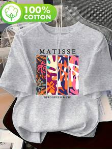 Casual, Short-Sleeved, Printed Round-Neck Top For Plus-Size Women With An Abstract Floral Pattern. - Light Grey - View 1