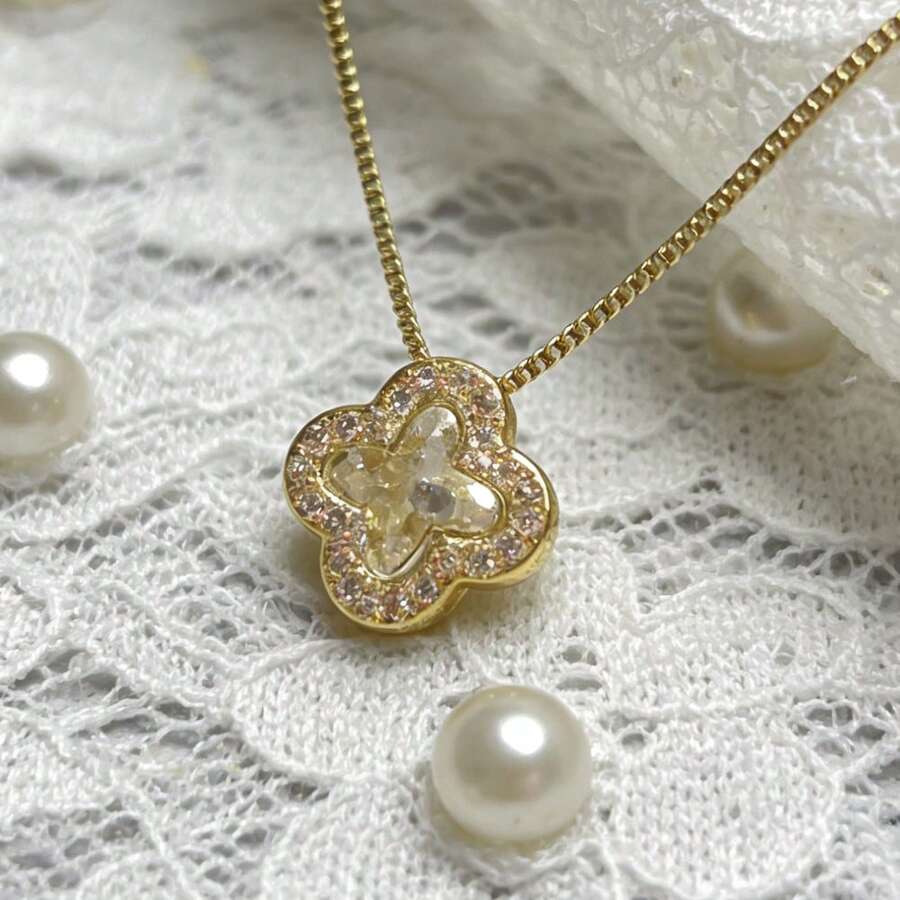 Elegant 14K Gold Plated Copper Pendant Necklace With Synthetic Cubic Zirconia Flower Design, Cute Fashion Jewelry For Women, Perfect For Gifting And Daily Wear - Box Chain Pink Box - View 1