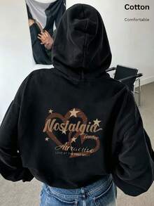 Oversized Women's Sweatshirt For Autumn/Winter, Long-Sleeve Hoodie With Pockets, Casual Top, Y2K Style, Daily Letter Graphic Print, Unisex, Black - Black - View 1