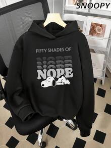 Autumn And Winter Women's Hooded Sweatshirt Snoopy Print FIFTY SHADES OF NOPE Cute Fleece-Lined Long-Sleeved Sweatshirt - Black - View 1