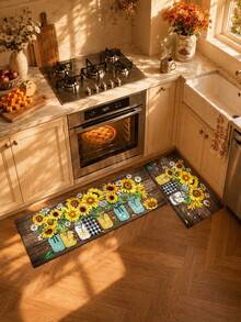 1pc 2D Autumn Floor Mat, Vintage Sunflower Pattern Diatomaceous Earth Mat, Super Absorbent, Non-Slip, Perfect For Bathroom, Kitchen And Dining Room, Quick Dry, Machine Washable, Perfect Gift For Home Decor And Bathroom Mat, Autumn Gift! - Multicolor - View 3