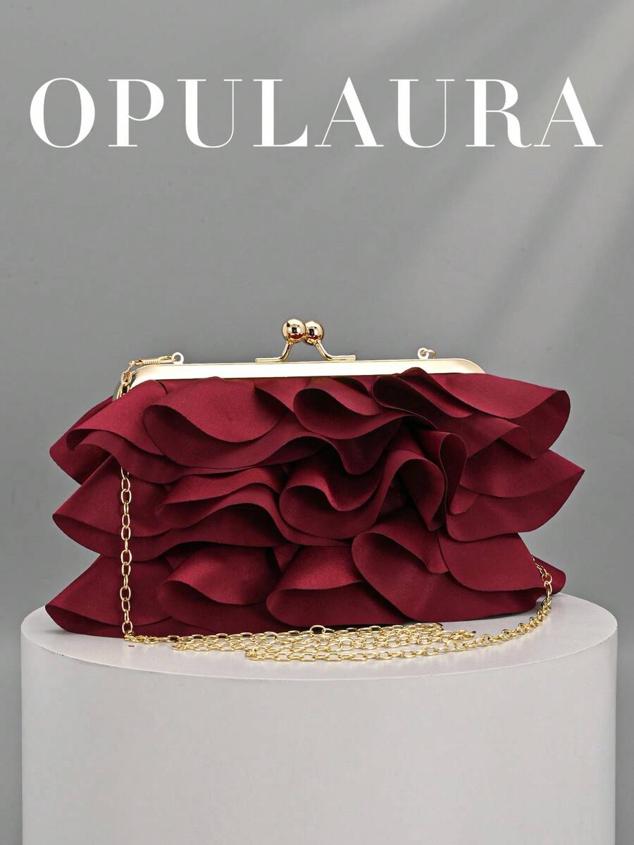 OpulAura 女士优雅迷人花瓣宴会手拿包,荷叶边设计,正式晚宴包,适合婚礼/度假/正式派对/盛会,配有链条肩带,花瓣形状随机 - 酒紅色 - 查看 1