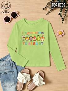 Girls Cotton Raglan Long Sleeve Tee For Fall Winter, Cartoon Print With Rainbow Stars Hearts, Cute Sweet Preppy Style - Fruit Green - View 3