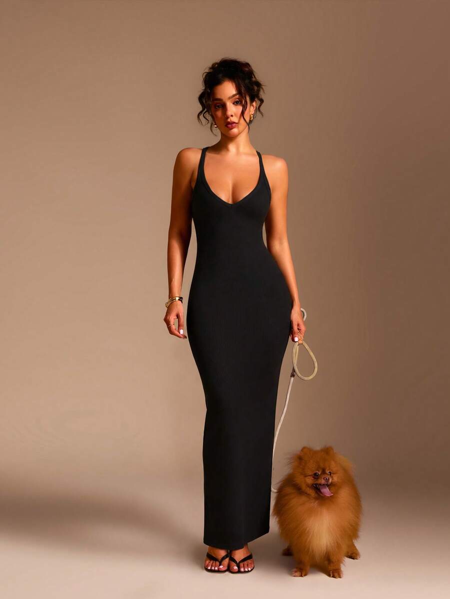 XLLAIS Sexy V Neck Criss Cross Back Kint Maxi Dresses Slim Fit Bodycon, Date Night Party - Black - View 1