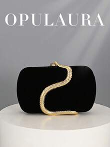 OpulAura 女士复古时尚丝绒手拿包，蛇纹搭扣设计，欧美风格，蛇皮简约盒式手拿包，适合婚礼、晚宴、正式场合、派对等场合，可作手提包、单肩包使用，配有高品质链条肩带 - 黑色 - 查看 1