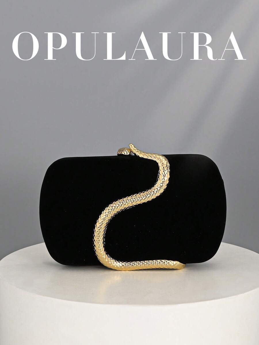 OpulAura 女士复古时尚丝绒手拿包，蛇纹搭扣设计，欧美风格，蛇皮简约盒式手拿包，适合婚礼、晚宴、正式场合、派对等场合，可作手提包、单肩包使用，配有高品质链条肩带 - 黑色 - 查看 1