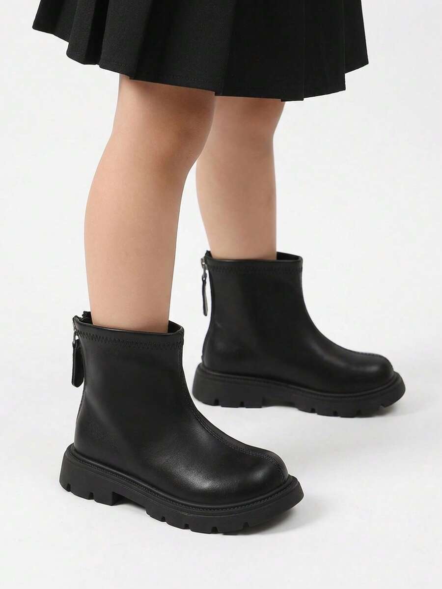 1 Pair Girls' Maillard Black Back Zipper Thick Sole Ankle Boots, Suitable For Autumn/Winter Daily Outings, Shopping, Vacation - Black - View 1