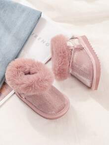 1 Pair Baby Fuzzy Boots With Fleece Lining, Warm And Comfortable Flat Snow Boots, Children's Ankle Boots For Daily Outdoor Wear In Autumn And Winter - Pink - View 5