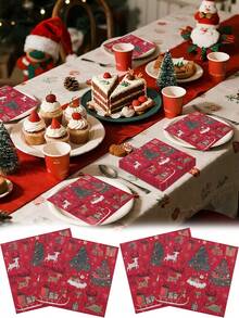 100PCS/Set Christmas Tree Print Napkins, Festive Red Print Napkins With Christmas Tree And Reindeer Pattern, Perfect For Christmas Holiday Party Table Decor, Hotel Table Decor, Restaurant Holiday Party, Home Table Decor, Christmas Oil Painting Style - Multicolor - View 1