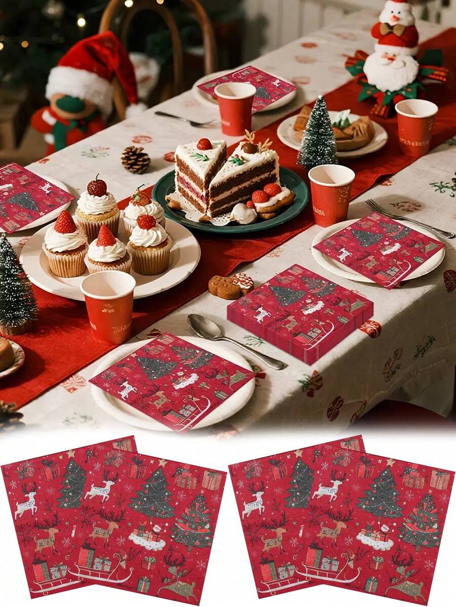 100PCS/Set Christmas Tree Print Napkins, Festive Red Print Napkins With Christmas Tree And Reindeer Pattern, Perfect For Christmas Holiday Party Table Decor, Hotel Table Decor, Restaurant Holiday Party, Home Table Decor, Christmas Oil Painting Style - Multicolor - View 1
