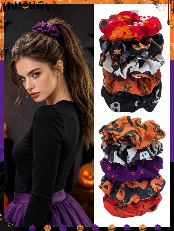 10/8/4pcs Halloween Themed Printed Scrunchies, High Elasticity Hair Ties, Pumpkin Spider Web Skull Bat Ghost Spider Pattern Hair Accessories. Halloween Costume Accessories, Holiday Party Cosplay Headwear Props. Gift.