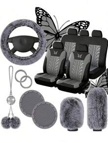 8pcs/9pcs/17pcs Breathable Car Seat Covers Set, Butterfly Pattern, With Soft Plush Steering Wheel Cover, Gear Shift Cover, Handbrake Cover And Rhinestone Plush Pendant, Create Comfortable Driving Experience - Multicolor - View 8