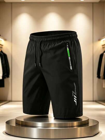1Pc Sporty Comfort Men's 5 Inch Shorts, Drawstring Elastic Waist Zip Pockets Black Woven Print Plus Size Fitness Casual Bottoms