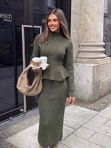 Autumn/Winter New Semi-High Neck Waist-Cinching Ruffle Hem Knit Top + Bodycon Long Skirt Vintage Slimming Two Pieces Set, Convenient Outfit With Fall - Olive Green - View 3