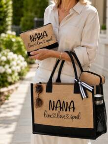 拼色三件式亞麻托特包，印有「Nana」字母，大容量時尚托特包，教堂活動禮物，側邊水瓶網袋，方便放置聖經、筆記本電腦、水瓶、雨傘等，適合生日、教師節、復活節 - 彩色 - 查看 5