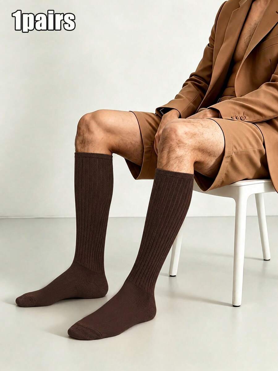 1 Pair Men's Business Vertical Striped Calf Socks, Solid Color Vertical Striped Men's Socks, High Elasticity Breathable Over-The-Knee Socks