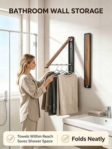 Vintage Foldable Wall-Mounted Clothes Rack, Black Walnut Wood Grain + Space Aluminum Alloy Bracket Design, Foldable Telescopic Drying Rod, Suitable For Wall, Door, Window And Other Multiple Scenes, Space-Saving Clothes Storage Rack For Bedroom, Balcony, Bathroom - Multicolor - View 5