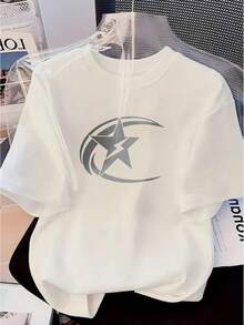 Capsule Wardrobe Cotton Top, Sleek Abstract Star‑Lightning Swirl Front Print, Ideal For Office Date Afternoon Tea Wear - White - View 1