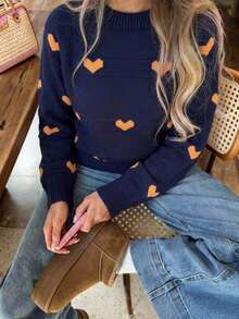 女款白色圓領愛心圖案長袖針織毛衣，寬鬆休閒套頭上衣，適合秋冬，舒適日常街頭穿搭 - 藏蓝色 - 查看 11