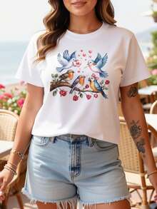 Plus Size, Romantic Bird Talk Love Messenger On Rose Branches Graphic Print Plus Size Women's T-Shirt, Short Sleeve Crew Neck Casual Top For Summer & - White - View 2