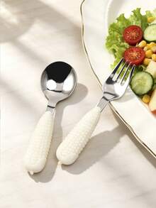 1pc/2pcs Creative Corn-Shaped Handle 304 Stainless Steel Spoon & Fork Set, Reusable Home Dessert Spoon And Salad Small Fork, Suitable For Salad, Ice Cream, Cake, Dessert And Fruit Elegant Small Tableware - View 6