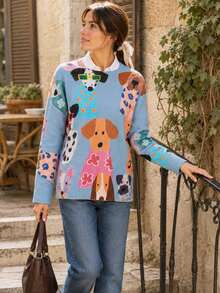 [All-Over Print][Lightweight]Autumn/Winter Casual Cute Puppy Pattern Crew Neck Knit Fashion Women's Lightweight Sweater, Suitable For Outings Fall - Baby Blue - View 6