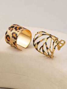 2pcs Fashionable Exquisite Elegant Retro Leopard Print & Leaf Combination Open Ring, Suitable For Women's Daily Wear - Multicolor - View 4
