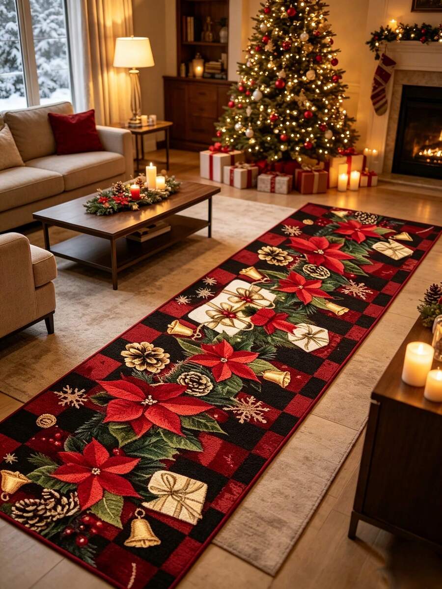 1pc Christmas Theme Hallway Runner Rug, Printed Design Christmas Decor Living Room Floor Mat, Bathroom Floor Mat Perfect For Bedroom Balcony Decor Mat, Hallway Runner Rug, Carpet, Runner Rug, Area Rug, Mat, Home Decor - Multicolor - View 1