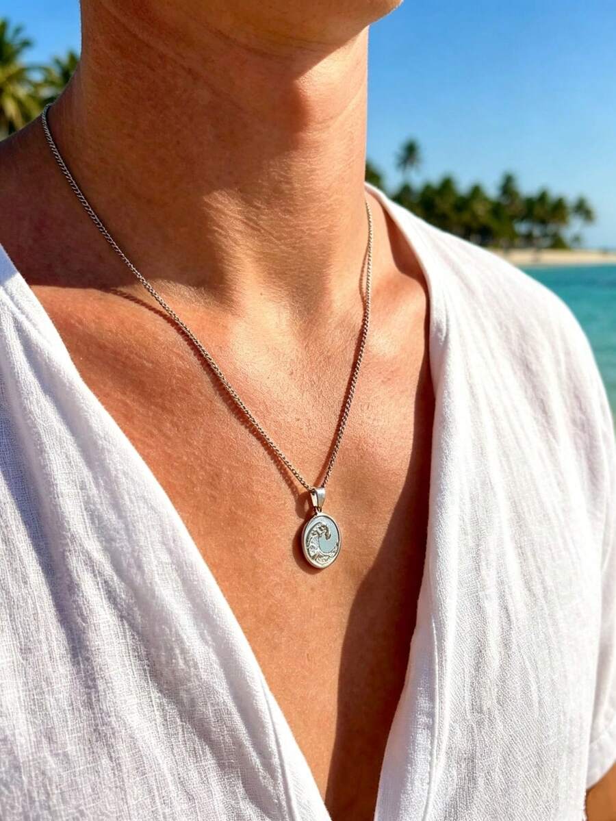 不锈钢海浪吊坠项链,海洋圆盘吊坠项链,旅行项链,海洋项链,男士礼物 - 銀色 - 查看 1