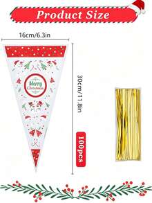 100 Christmas Cone Bags Featuring Snowman And Christmas Tree Designs, Including Cellophane And Ribbon, Perfect For Party Gifts And Holiday Packaging - Multicolor - View 3