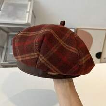 Boina de lana a cuadros vintage, sombrero de estilo francés versátil de gran circunferencia de cabeza para mujer, sombrero retro de pintor, gorra de estilo británico que realza la atmósfera y estiliza el rostro, gorra de estilo old money con letra metálica y forma octagonal - Mariposa - Ver 11