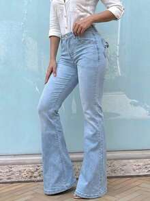Women's Casual Skinny Bow Decor Elastic Flare Leg Jeans - Light Wash - View 3