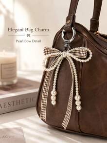 1pc Plaid Butterfly Faux Pearl Bow Keychain Bag Charm Decor, Minimalist Butterfly Design Phone Case Accessory - Coffee Brown - View 1