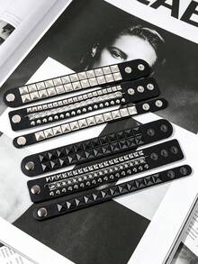 3/6 Buah Gelang Bertabur Gaya Punk, Gelang Rantai Kulit PU yang Dapat Diatur untuk Wanita dan Pria, Aksesoris Goth Emo untuk Halloween - MultiWarna - View 1