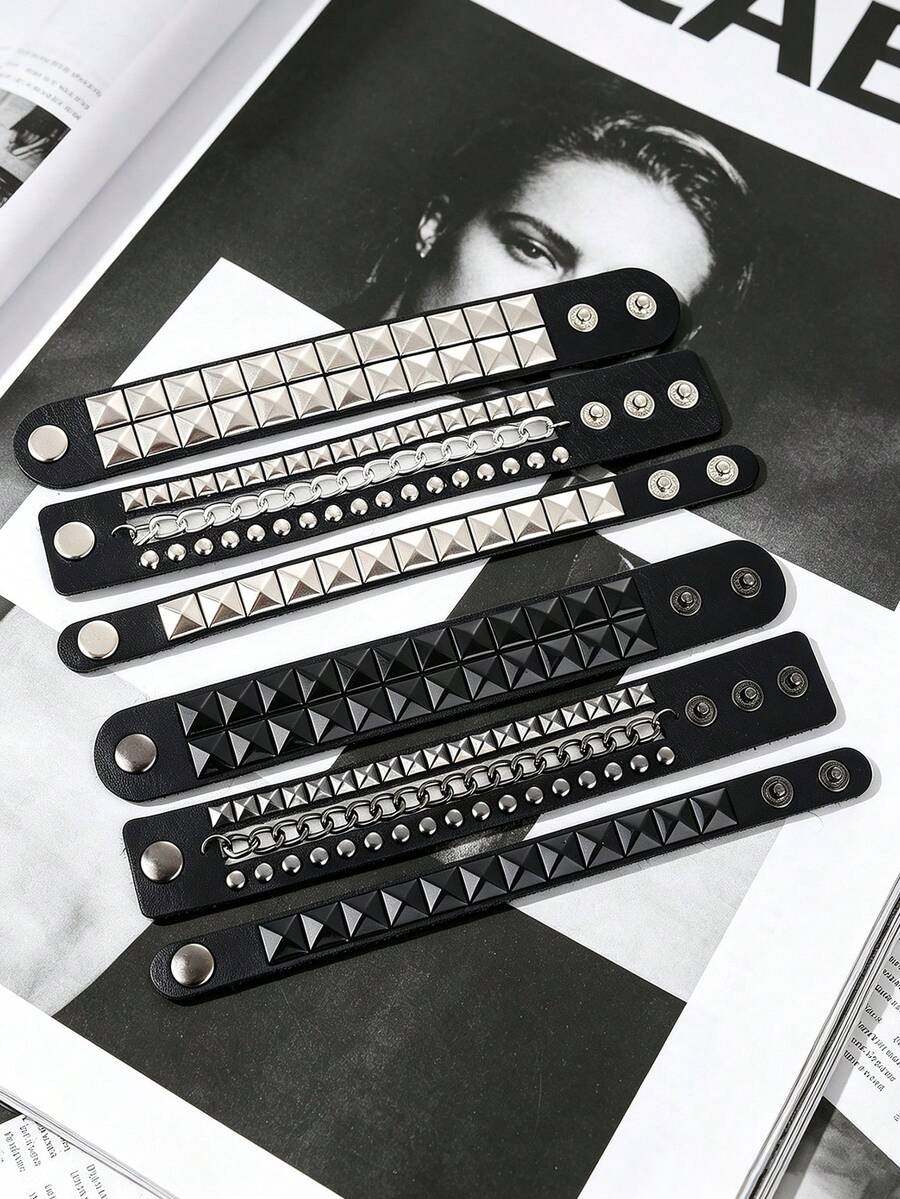 3/6 Buah Gelang Bertabur Gaya Punk, Gelang Rantai Kulit PU yang Dapat Diatur untuk Wanita dan Pria, Aksesoris Goth Emo untuk Halloween - MultiWarna - View 1
