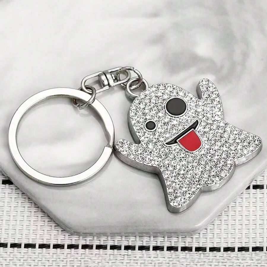 Cute Sparkling Rhinestone Ghost Keychain, Colorful Crystal Ghost Pendant, Fashionable Halloween Decoration, Exquisite Small Gift For Women And Girls, Silver Metal Cartoon Ghost Bag Charm, Daily Use Halloween Themed Decorative Accessory - Silver - View 1