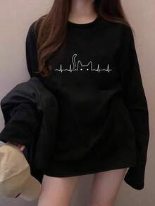 Women's Fashion Autumn/Winter Loose Minimalist Versatile Cartoon Cat Print Long Sleeve T-Shirt - Black - View 4