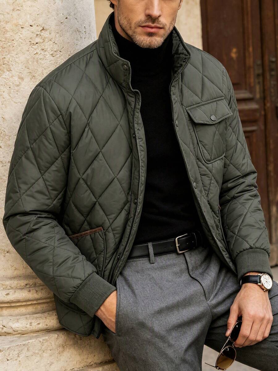Men's Winter Fashion Long Sleeve Stand Collar Padded Jacket, Suitable For Daily Commute And Vacation - Green - View 1