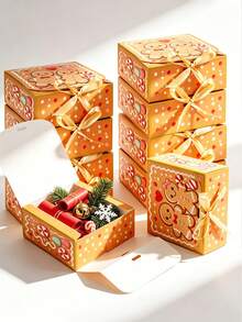 Christmas Gingerbread Flip-Top Gift Box With Bow, 4.53" X 4.53" X 2.36" Paper Gift Box, Christmas Candy Cookie Jewelry Holiday Party Favor Packaging Box - View 10