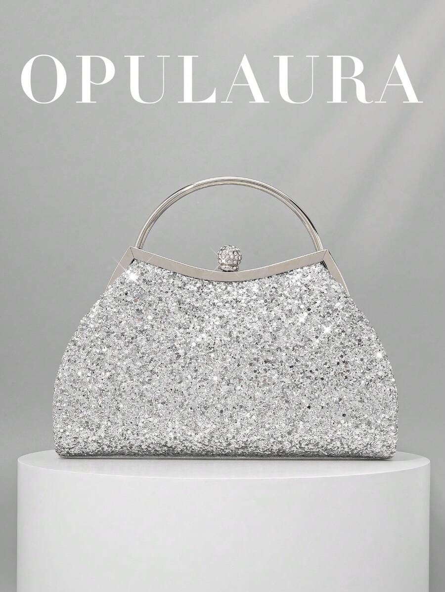 OpulAura 奢华女士闪亮水晶钻晚会手拿包,闪亮亮片婚礼手提包,适合庆典、派对、舞会、生日派对、新娘配饰 - 銀色 - 查看 1