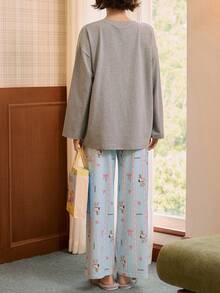 Gongdie 2pcs Snoopy Women's Pajama Set, Autumn/Winter Grey Pure Cotton Loungewear, Bow Print With Pockets - Grey - View 6