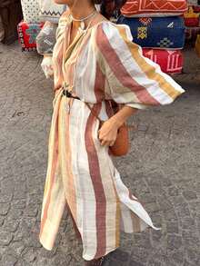 New Women's Random Striped Flowy Long Woven (No Belt) Dress, Casual Long Sleeve Button-Down Dress - Multicolor - View 7