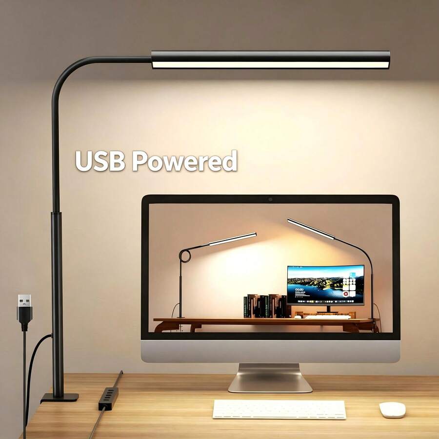 LED Desk Lamp With Clamp - Flexible Gooseneck - 5 Lighting Modes, 11 Brightness Levels, Timer & Memory, Eye-Comfort Study/Nail Light - Black/White